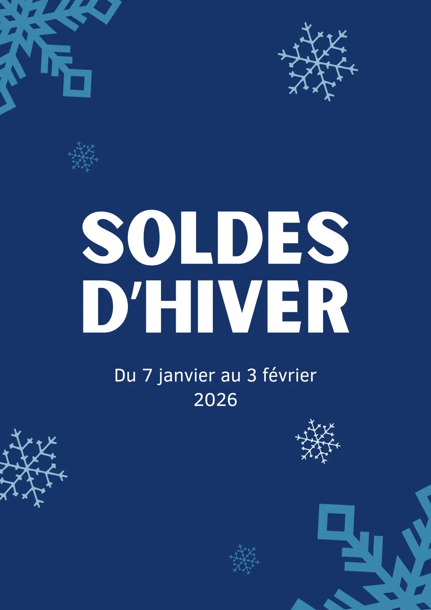 Affiche de soldes d'hiver bleu profond avec motifs de flocons de neige blancs et bleu clair.