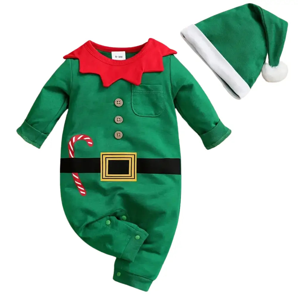 Grenouillère Bébé Noël et Bonnet - Lutin de Noël et Bonnet / 0-3 Mois - Grenouillère