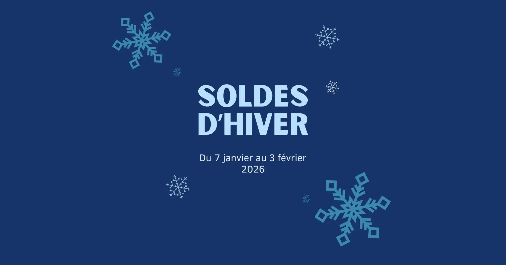 Publicité de soldes d'hiver bleu avec graphiques de flocons de neige.